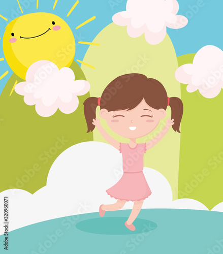 happy childrens day  cute little girl cartoon celebrating outdoors