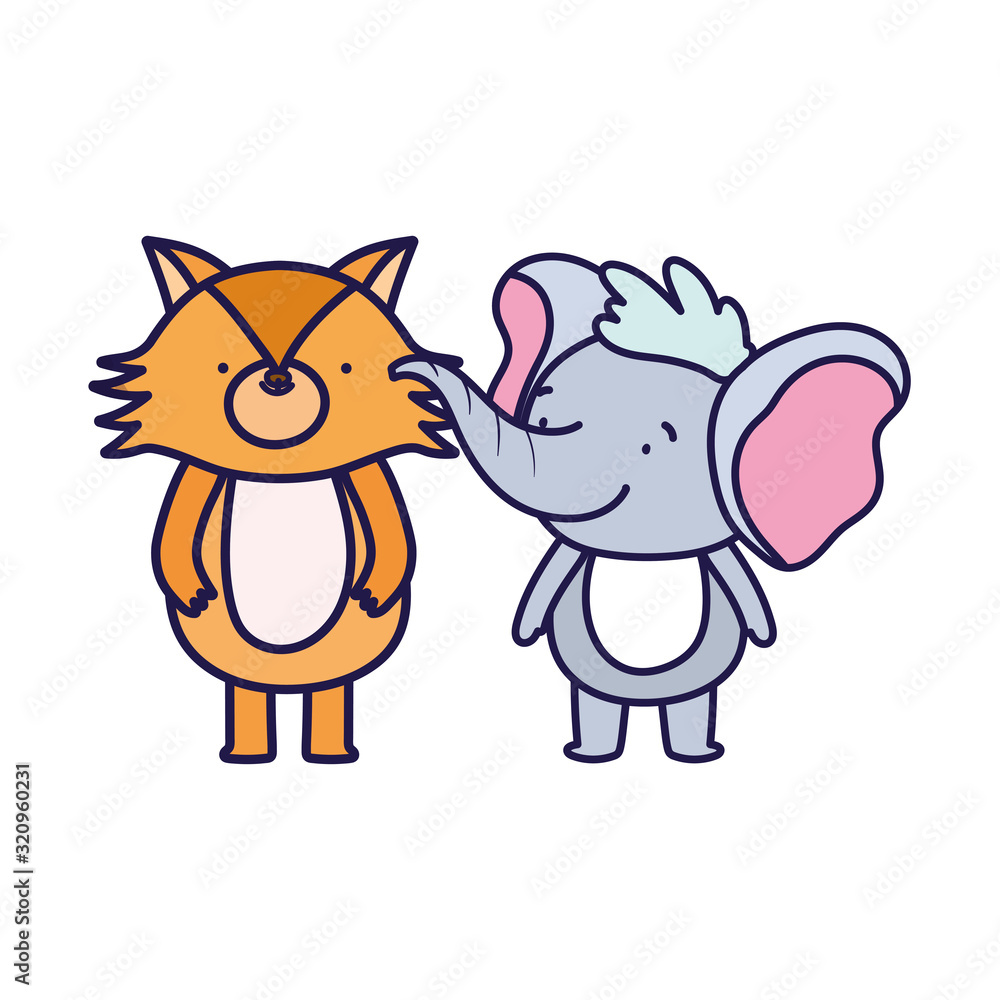little elephant and fox cartoon character on white background