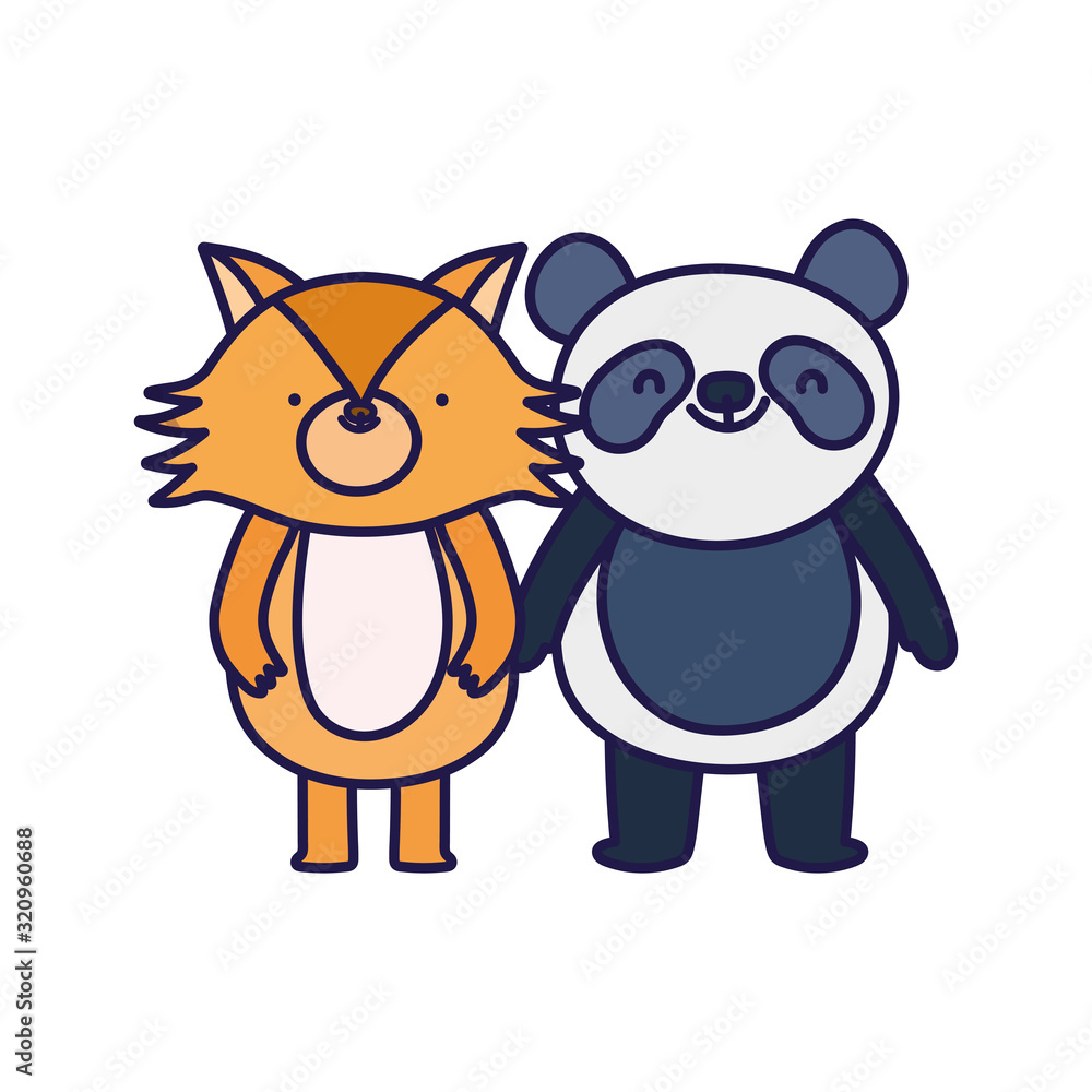 Obraz premium little panda and fox cartoon character on white background