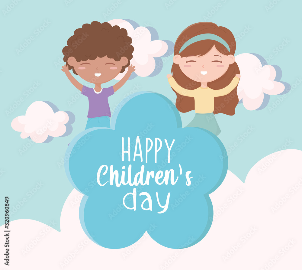 happy childrens day, little boy and girl playing celebration cloud cartoon happy childrens day, little boy and girl playing celebration cloud cartoon