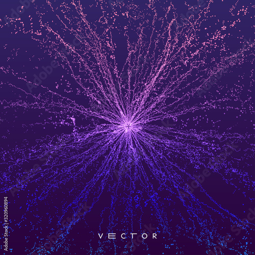 Point explode. Array with dynamic emitted particles. 3d technology style. Abstract background. Vector illustration