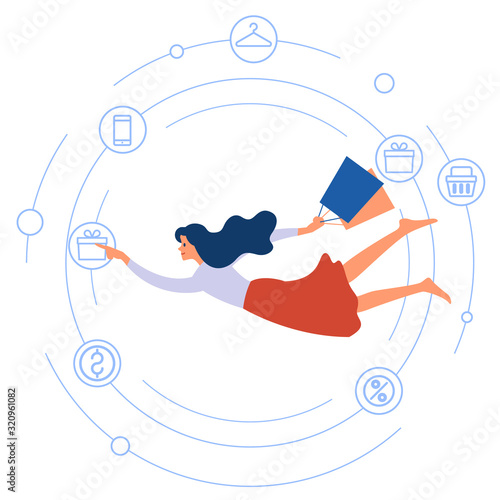 Young woman doing online shopping. Happy woman making order of through in virtual shop. Online shopping concept. Vector cartoon illustration isolated on white background