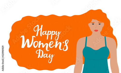 Young girl with red hair. Happy Women's Day congratulatory banner with hand drawn lettering.