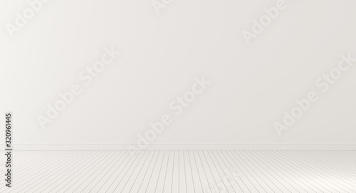 Mock-up of white empty room and wood laminate floor with sun light cast the shadow on the floor Minimal interior design. 3D rendering