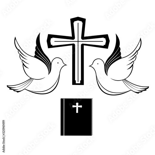 A pair of pigeons near the cross and the Bible. Biblical symbols. Easter greeting card.