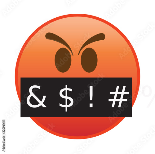 Cursing emoji. Red-faced swearing emoticon with grawlixes covering its mouth. Expression of saying obscenities or swear words while being angry, frustrated, furious or raging.