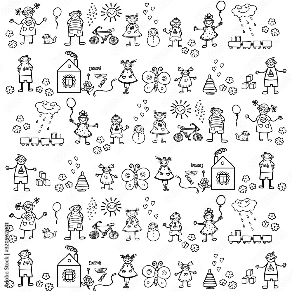 Children are among the toys, houses, flowers, clouds and sun. Sketch without color. Template.