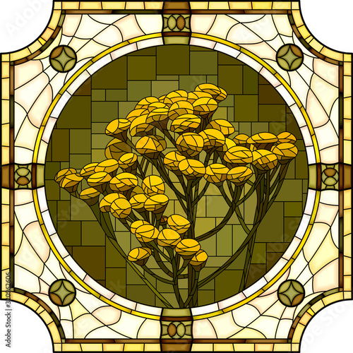 Vector mosaic with blooming yellow tansy flowers in a round stained glass frame.