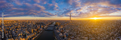 Aerial panorama view by drone of Tokyo Cityscape with Tokyo Sky Tree visible ...