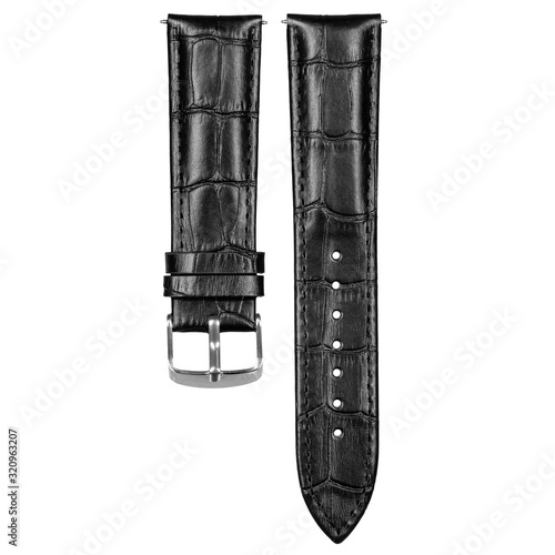 Watch strap black leather texture, color, wide. Two parts isolated for design.