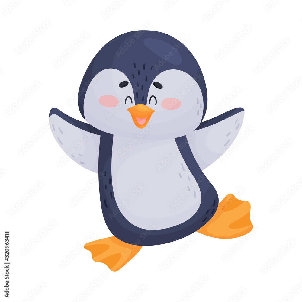 Obraz premium Cute Cartoon Penguin in Dancing Pose Isolated on White Background Vector Illustration