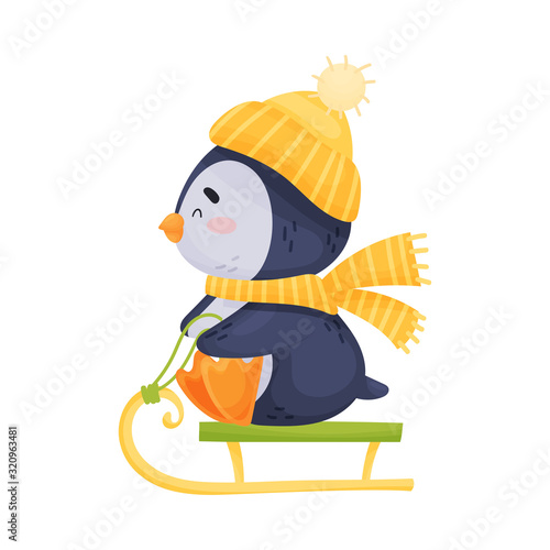 Cute Cartoon Penguin Wearing Warm Hat and Scarf Sledging Vector Illustration