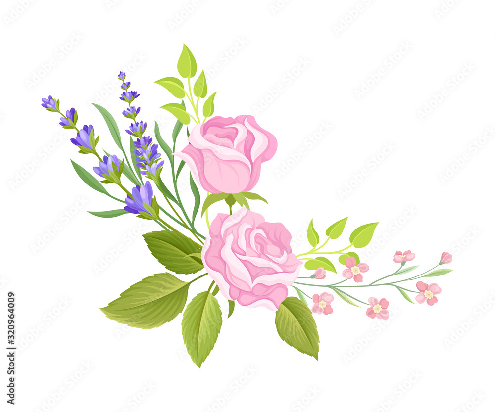 Floral Composition of Tender Rose Bud and Lavender Twigs Vector Illustration Floral Composition of Tender Rose Bud and Lavender Twigs Vector Illustration