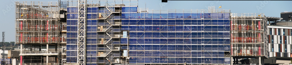 Building series panorama. Progress on new multistory Health and Wellbeing Precinct construction at Gosford Hospital. February 1, 2020.