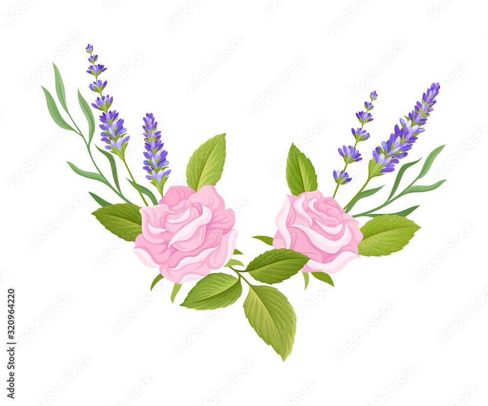 Floral Composition of Tender Rose Bud and Lavender Twigs Vector Illustration