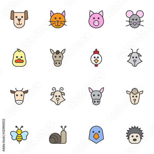 Wallpaper Mural Farm animals filled outline icons set, line vector symbol collection, animals face linear colorful pictogram pack. Signs, logo illustration, Set includes icons as dog, cat, pig, mouse, chicken, horse Torontodigital.ca