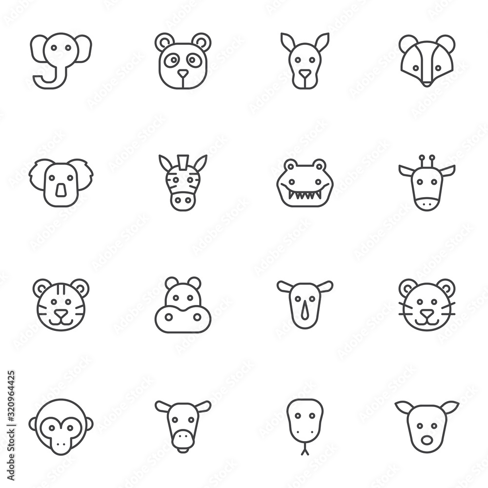 Animal heads line icons set. linear style symbols collection, outline signs pack. vector graphics. Set includes icons as elephant, badger, koala, monkey, hippopotamus, snake, giraffe, rhinoceros, cat Animal heads line icons set. linear style symbols collection, outline signs pack. vector graphics. Set includes icons as elephant, badger, koala, monkey, hippopotamus, snake, giraffe, rhinoceros, cat