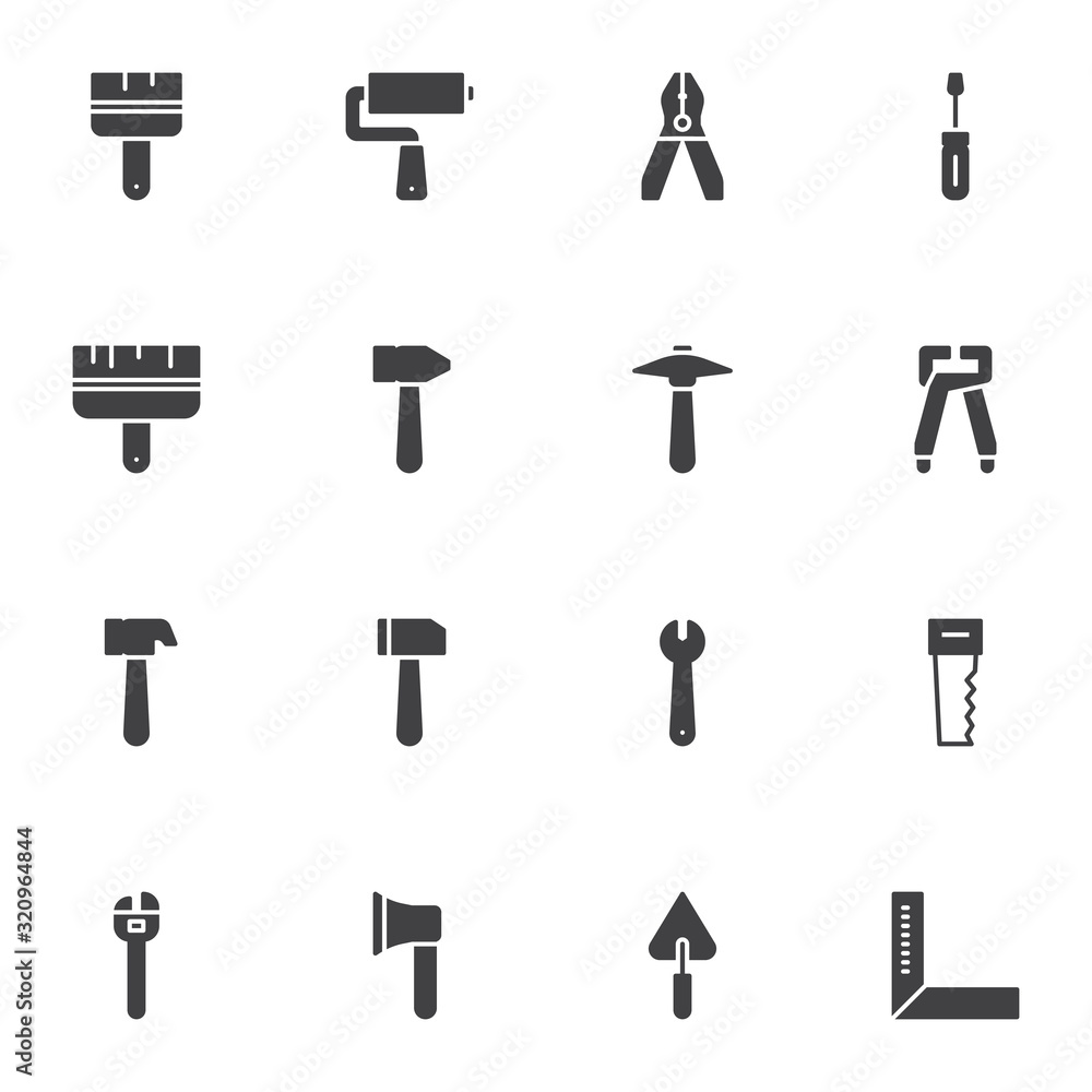 Repair and construction tool vector icons set, modern solid symbol collection, filled style pictogram pack. Signs, logo illustration. Set includes icons as pliers, paint, mallet, wrench, screwdriver Repair and construction tool vector icons set, modern solid symbol collection, filled style pictogram pack. Signs, logo illustration. Set includes icons as pliers, paint, mallet, wrench, screwdriver