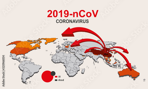 2019-nCoV. China pathogen respiratory coronavirus 2019-nCoV. Flu spreading of world, World map, arrows, floating influenza virus cells. Dangerous chinese ncov corona virus, SARS pandemic risk alert