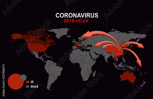 2019-nCoV. China pathogen respiratory coronavirus 2019-nCoV. Flu spreading of world, World map, arrows, floating influenza virus cells. Dangerous chinese ncov corona virus, SARS pandemic risk alert