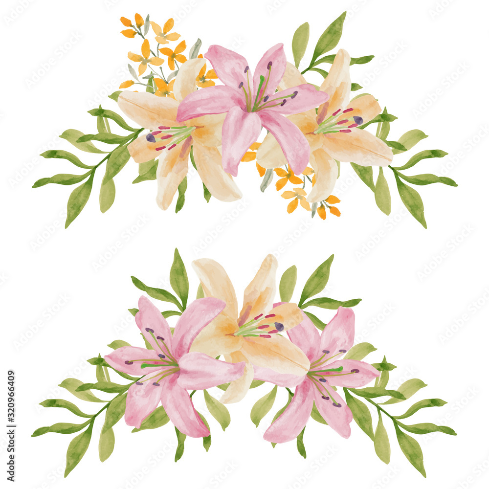 Watercolor hand painted lily flower arrangement set