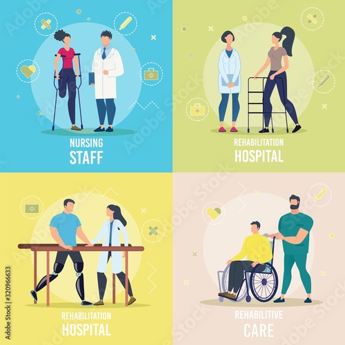 Healthcare and Rehabilitation Programs for Disabled People Trendy Flat Vector Square Concepts Set. Doctors, Hospital Personnel Helping Recover to Female, Male Patients with Disabilities Illustration