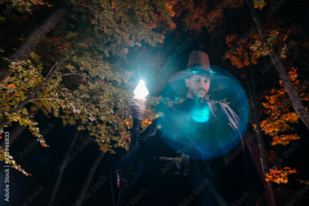 Sorcerer (magician) casting a spell while standing in the magical woods ...