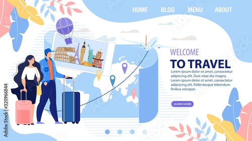 Landing Page Trendy Design Inviting to Travel Vacation. Man Woman Carrying Luggage Bag Stand front of Paper Map with Destination Marks. Online for Booking Tour and Aircraft Ticket. Vector Illustration