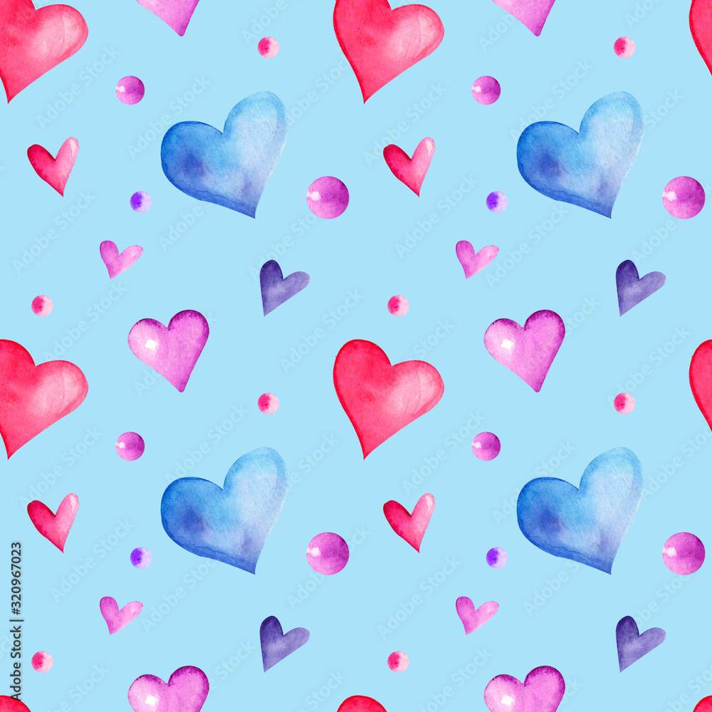 Watercolor seamless  pattern with colorful hearts on blue background. St. Valentine hearts. Love celebration. Romantic conception. For prints, cards, wrapping paper.