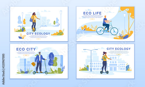Ecological City. Smart Dwellers Riding Eco-Friendly Transport. Men Women on Unicycle, Self-Balanced Hoverboard, Electric Scooter, Bicycle. Modern and Futuristic Transportation Way. Webpage Banner Set