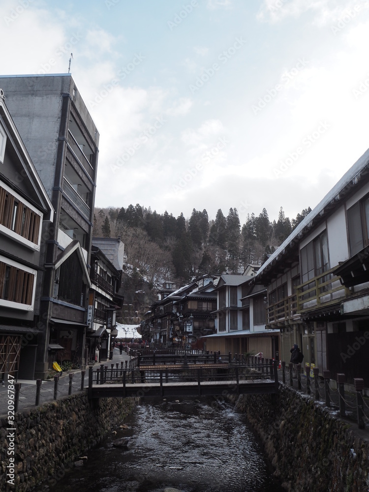 the landscape of ginzan hot springs in yamagata, JAPAN