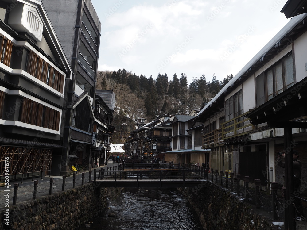 the landscape of ginzan hot springs in yamagata, JAPAN the landscape of ginzan hot springs in yamagata, JAPAN