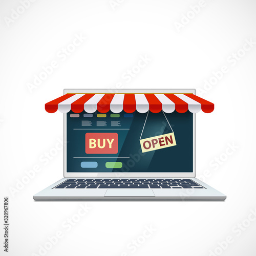 Laptop with a shop window on the screen and a striped awning