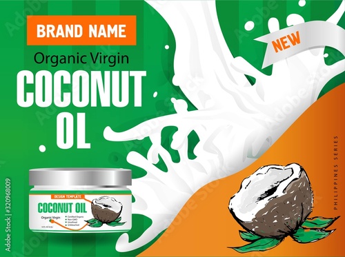 Vector tropical food illustration. Coconut oil design template. Botanical fruit. Banner, ads or flyer template.