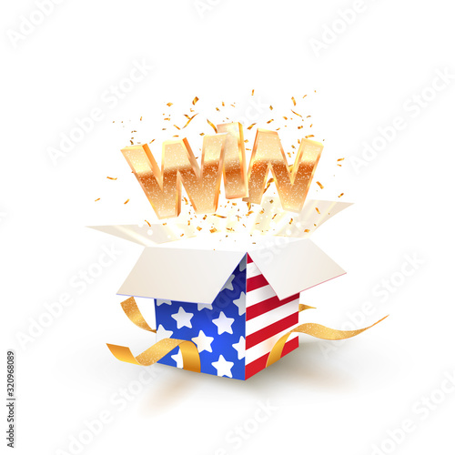 Golden WIN word flying from Open box with the texture of the national flag of the United States. Greeting of winner. Isolated vector design element