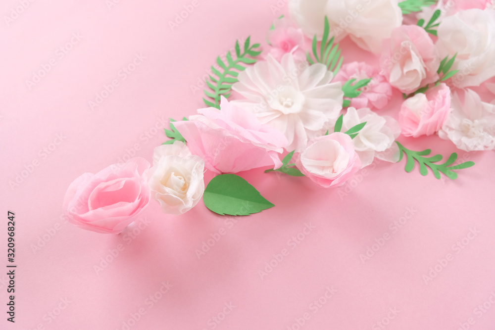 Hello, spring. With white and pink paper flowers and green leaves