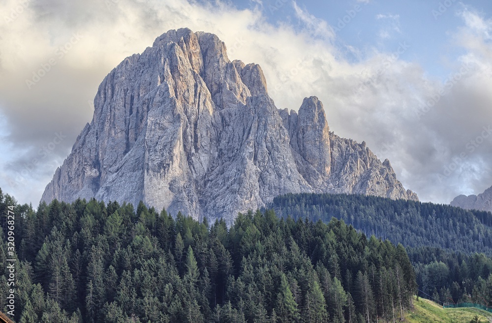 The Sassolungo massif seen from Santa Cristina Valgardena, South Tyrol, Dolomites, Italy