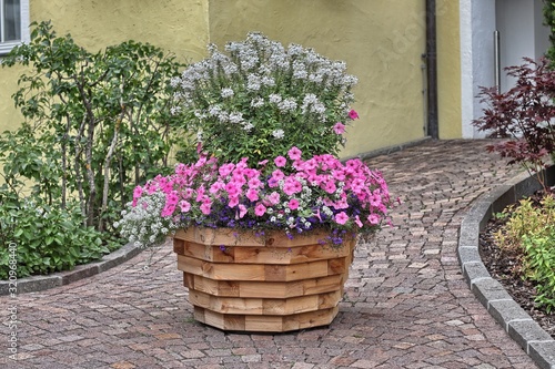 Decorative wooden planter with flowers