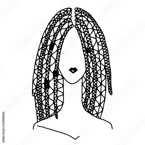 Isolated vector doodle woman face. Dreadlocks hair girl. Feminism concept design. Woman with dreadlocks hair style. Fashion hairstyle. Girl hair style.