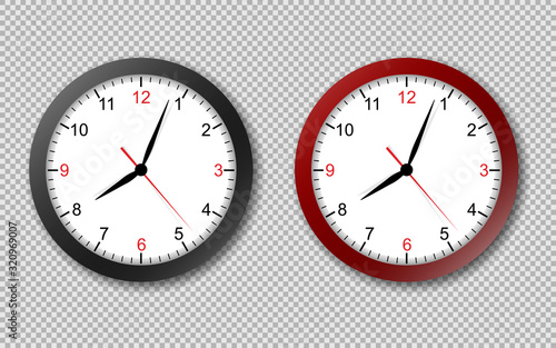 Realistic office clock. Wall round watches with time arrows and clock face isolated 3d vector black and red clocks on transparency background.