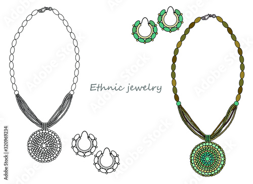 Handmade jewelry in ethnic style: a necklace with a round pendant and earrings. Vector