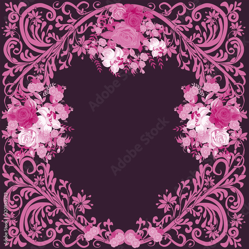 frame from rose pink flowers and curls