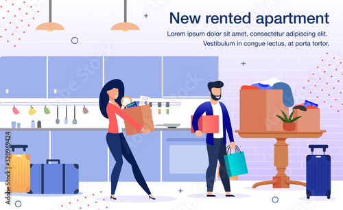 Comfortable Apartments for Long-Term Rent Trendy Flat Vector Advertising Banner, Promo Poster Template. Happy Couple, Wife and Husband Removing New Home, Carrying Boxes with Home Stuff Illustration