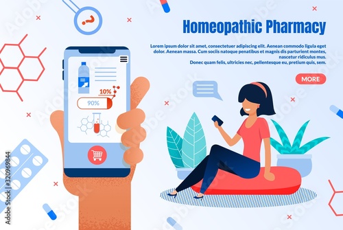 Homeopathic Online Pharmacy Trendy Flat Vector Web Banner, Landing Page Template. Female Customer, Woman with Smartphone Choosing and Buying Alternative, Natural Medicines in Internet Illustration