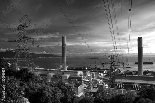 Power plant at dusk in black and white