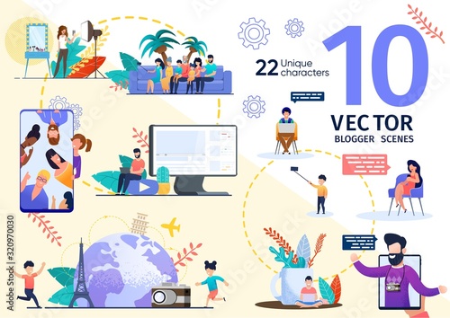 Beauty Blogger, Travel Vlogger Activities and Lifestyle Trendy Flat Vector Scenes Set. Woman Streaming Video About Cosmetics Products Testing and Makeup Tips, Man Shooting Photos in Trip Illustrations