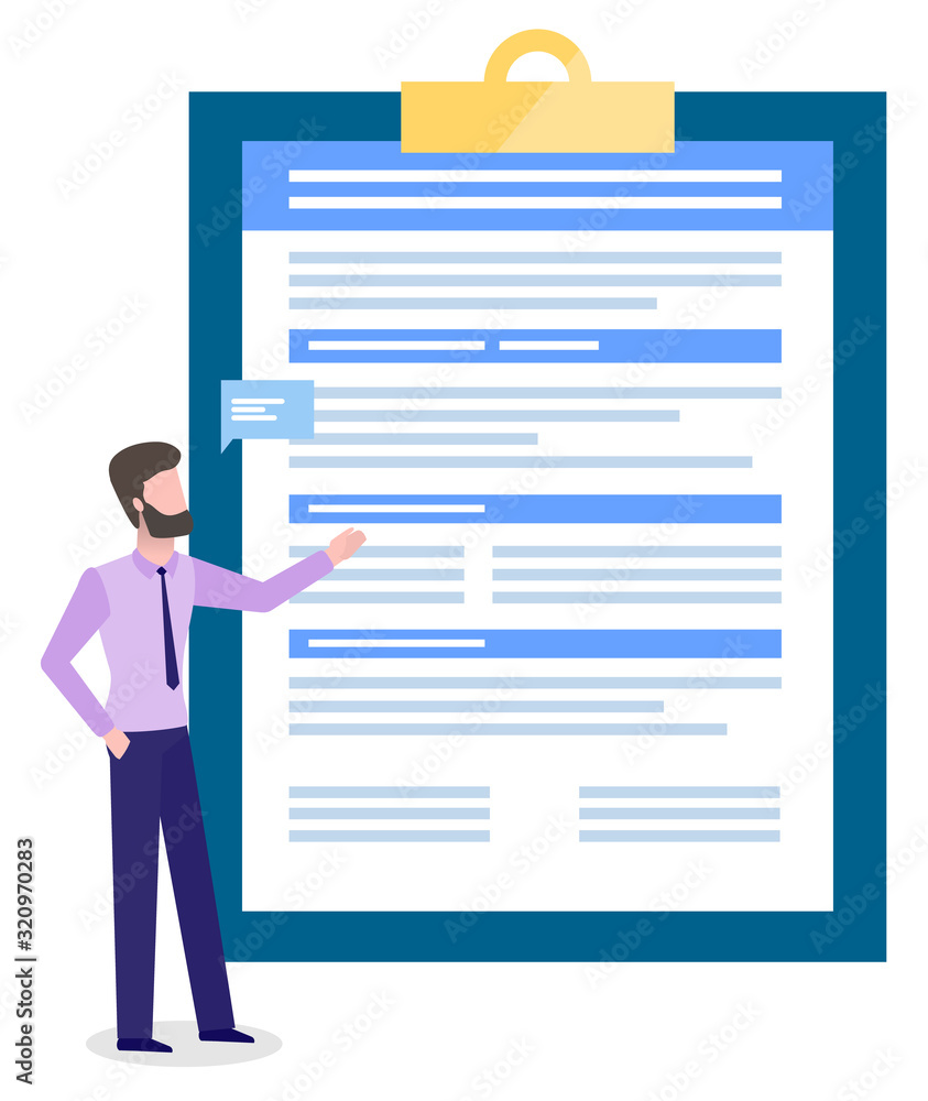 Person stand near big clipboard with notes. Manager look at project plan and present information about business, tasks. Office stationery, notepad to hold sheets in place. Vector illustration in flat Person stand near big clipboard with notes. Manager look at project plan and present information about business, tasks. Office stationery, notepad to hold sheets in place. Vector illustration in flat