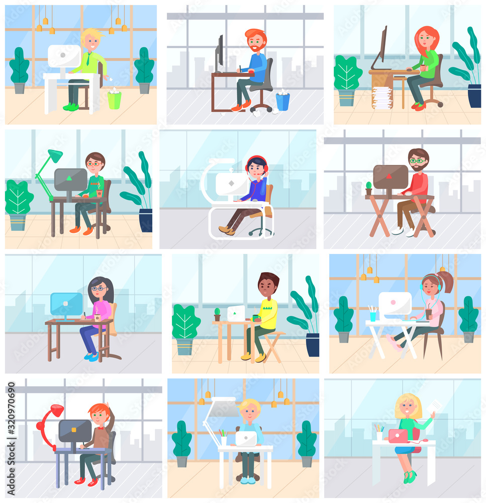Office workers set, people working in office. Man and woman work at laptop and computers, flat style. Employers using modern technologies at work. Customer center or hotline manager. Modern workplace Office workers set, people working in office. Man and woman work at laptop and computers, flat style. Employers using modern technologies at work. Customer center or hotline manager. Modern workplace
