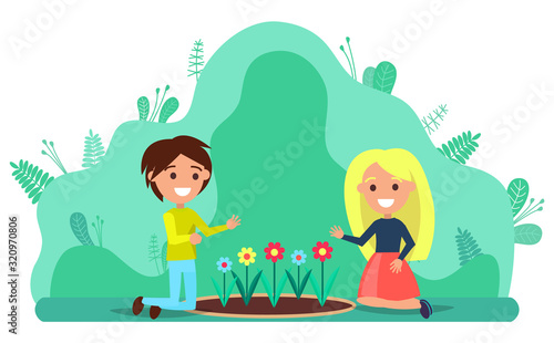 Couple of young people kneeling on lawn planting flowers. Man and woman working in garden together. Horticulture and floriculture, garden tillage vector