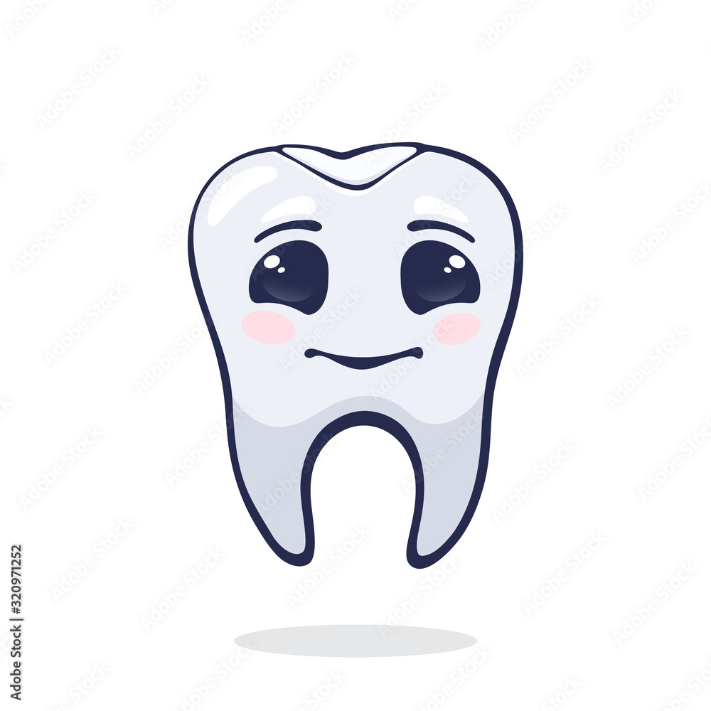 Vector illustration. Cute cured human tooth with happy eyes and dental filling. Dental restoration from caries. Symbol of somatology and oral hygiene. Graphic with contour. Isolated white background Vector illustration. Cute cured human tooth with happy eyes and dental filling. Dental restoration from caries. Symbol of somatology and oral hygiene. Graphic with contour. Isolated white background